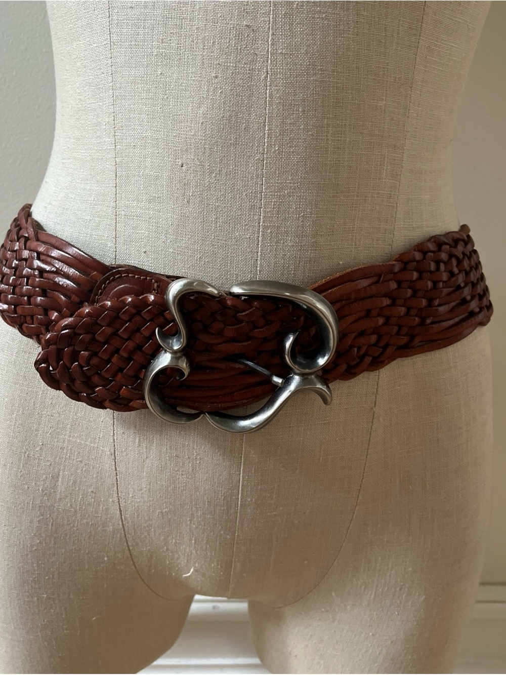 VTG Bonwit Teller Italian Belt Braided Leather Belt Boho Western Silver Tone  M